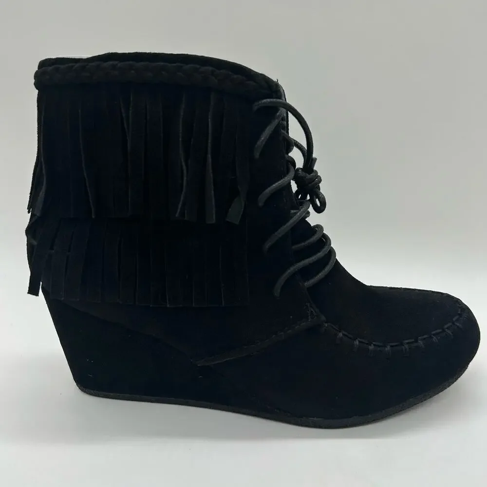 Top Moda Boots Womens 6.5‎ Black Moc Toe Lace Up Wedge Moccasin Bootie NEW